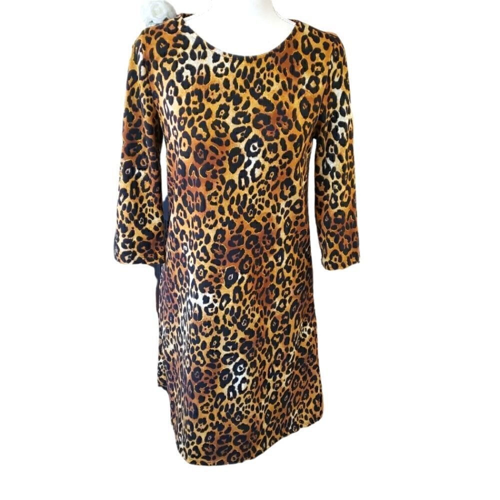 Tacera Leopard Print 3/4 Sleeve Shift Dress Sz PS